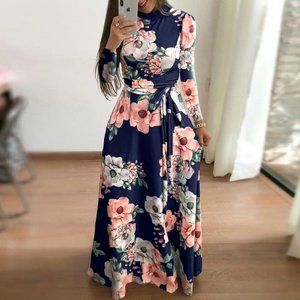 Floral Print Short-Sleeved Large-Length Dress Wome